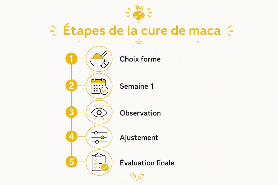 Découvrez en un coup d’œil les différentes étapes incontournables d’une cure de maca grâce à notre infographie détaillée.