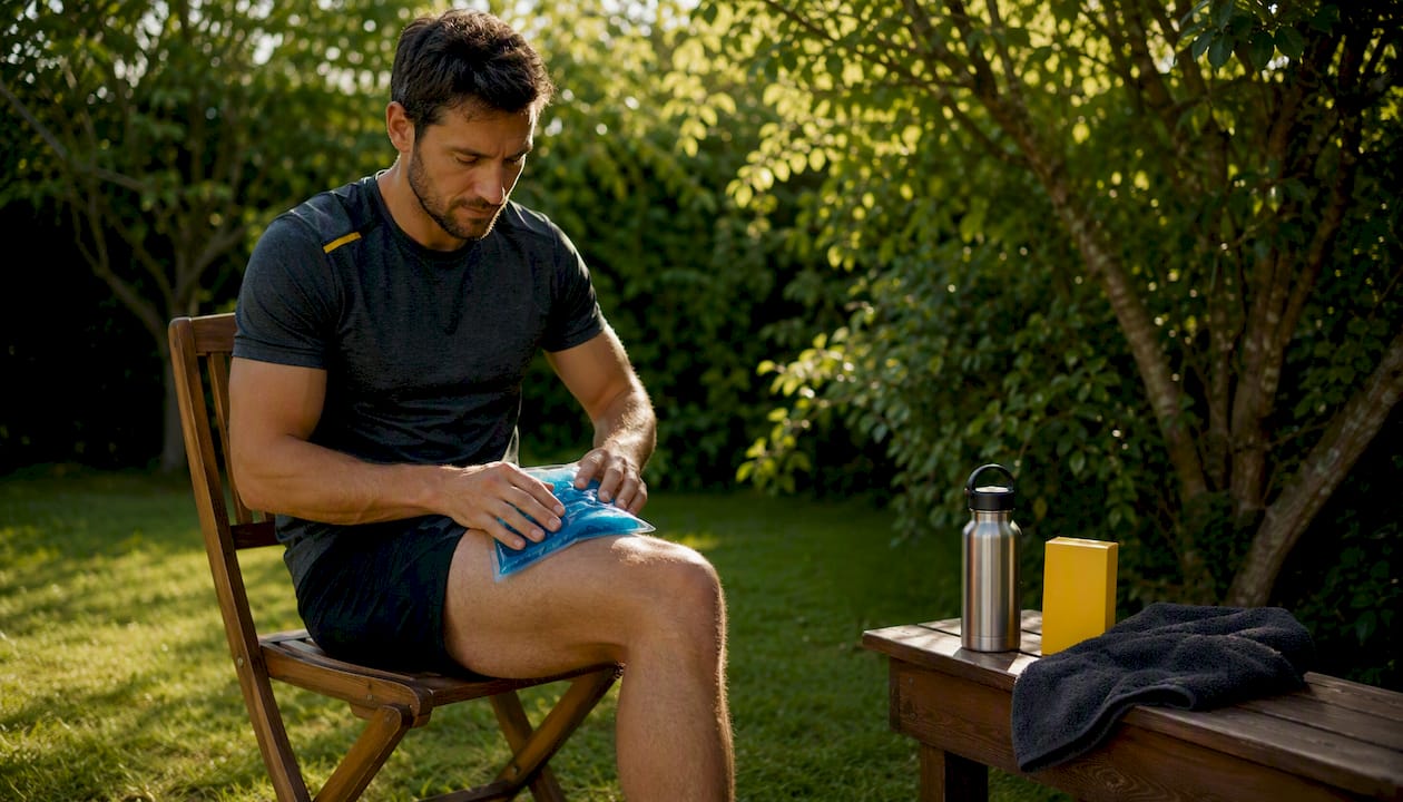 Sportif en pleine récupération, appliquant une poche de glace pour soulager ses muscles.