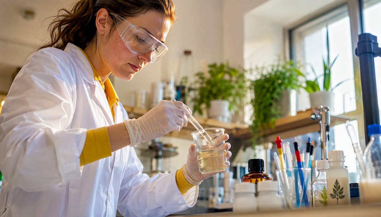 Un technicien de laboratoire analyse la composition nutritionnelle d’un complément à base de maca.
