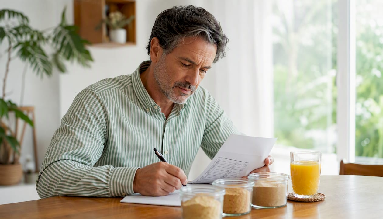 Un homme s’informe sur les bienfaits nutritionnels de la maca.
