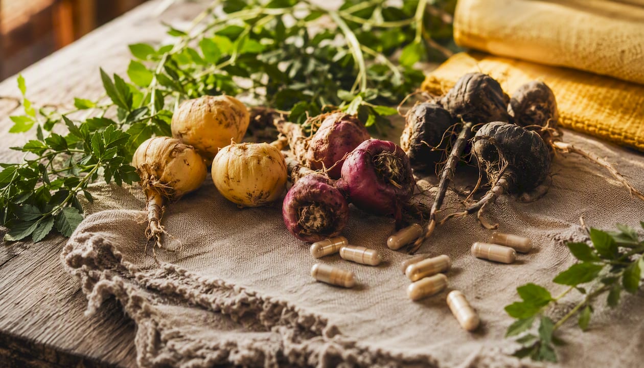 Maca multicolore accompagnée de ses compléments