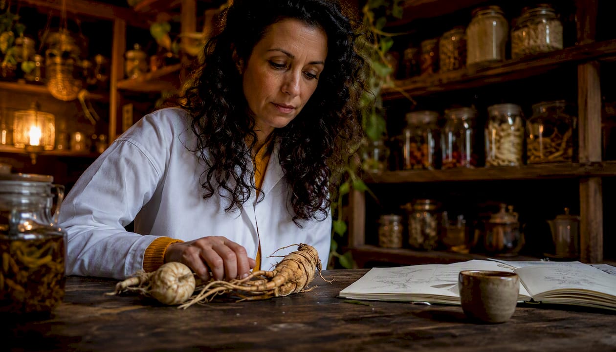 Un chercheur étudie les propriétés de la maca et du ginseng lors d’analyses menées en laboratoire.