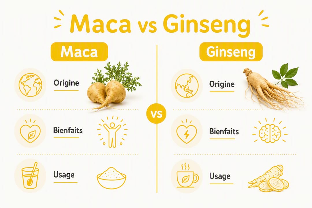 Infographie mettant en parallèle les bienfaits du maca et du ginseng, présentée selon des catégories clairement différenciées.