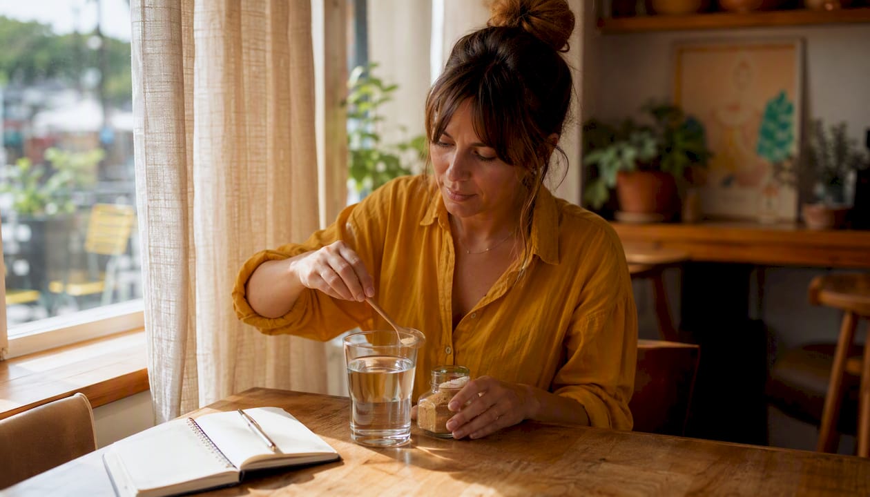 Une femme prépare une boisson pour stimuler sa libido sur la table de la cuisine.