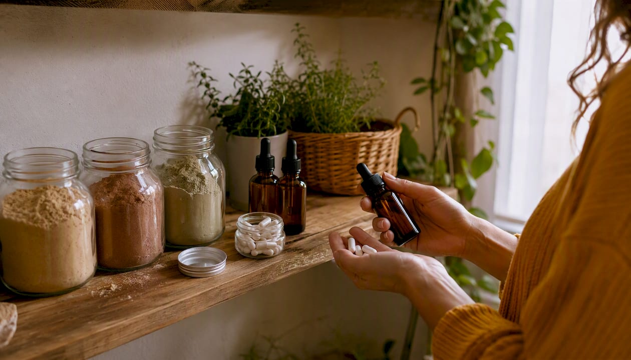Une étagère dédiée au bien-être à la maison, où s’accumulent différentes formes de compléments alimentaires.