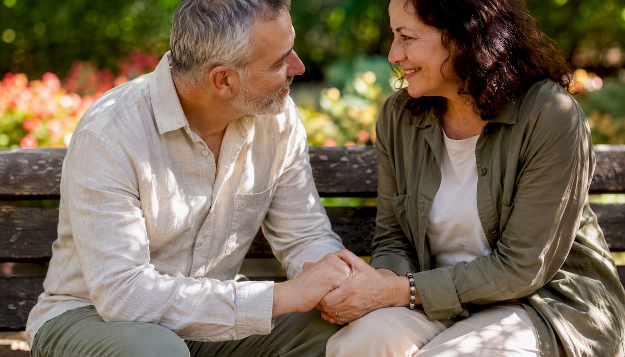 Un couple se tient la main, incarnant à la fois la complicité et le désir.