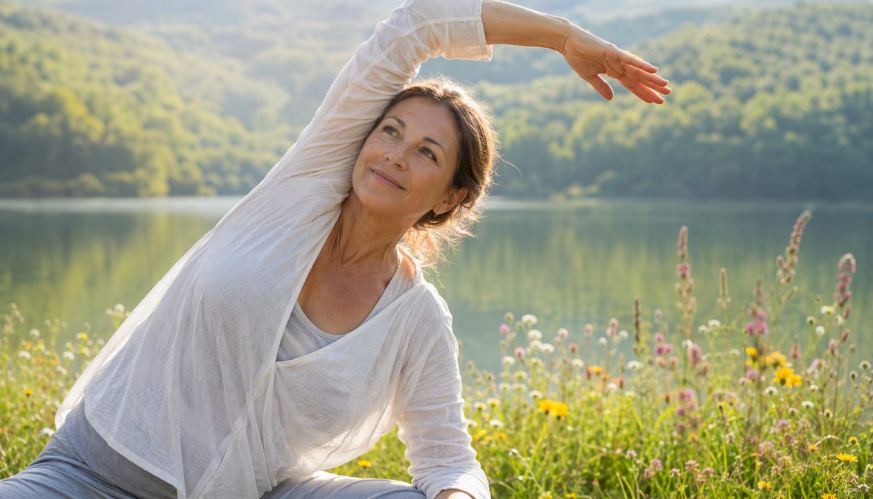 Une femme en pleine séance de yoga en plein air, incarnant le bien-être et l’apaisement que cette pratique peut apporter pendant la ménopause.