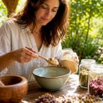 Une personne prépare ses propres compléments naturels pour le moral, directement dans sa cuisine.