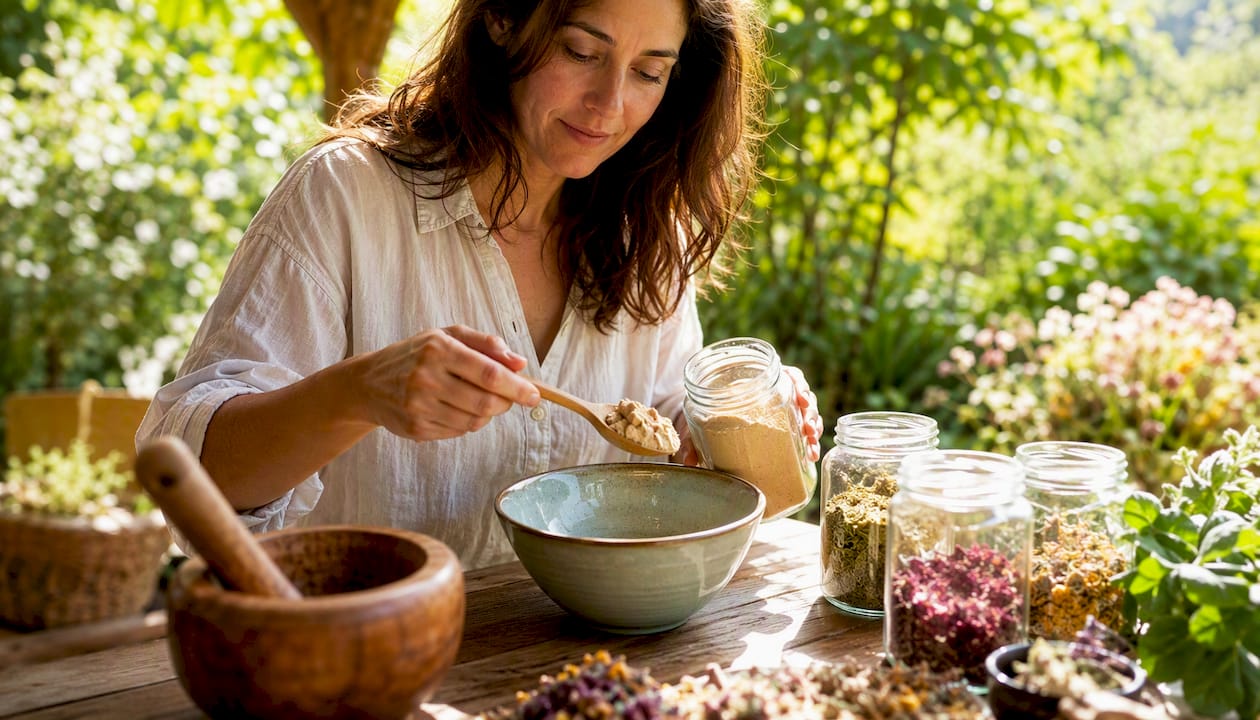 Une personne prépare ses propres compléments naturels pour le moral, directement dans sa cuisine.