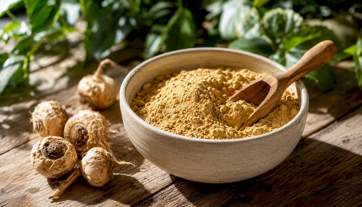 Un bol contenant de la poudre de maca et des morceaux de racine séchée