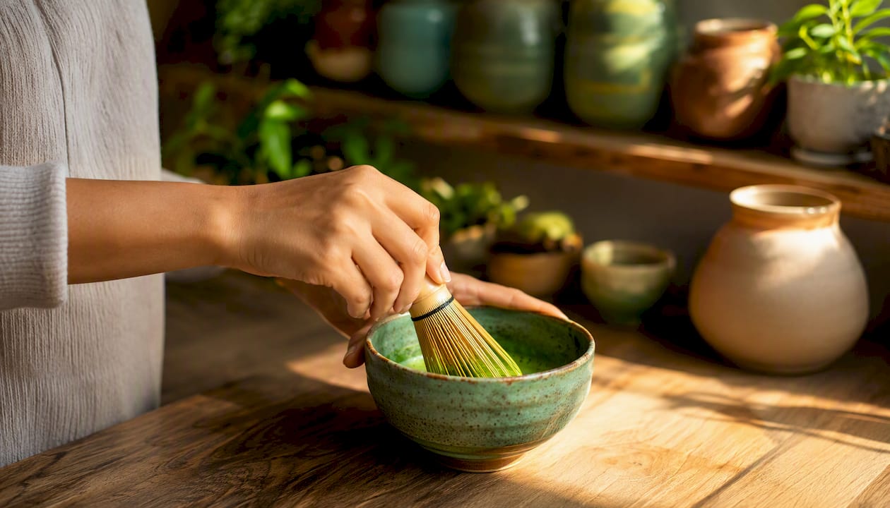 Des mains s’activent pour fouetter le matcha dans un bol.