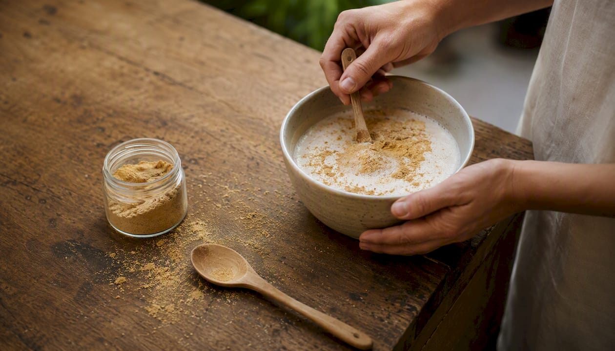 Des mains mélangent délicatement un latte au maca