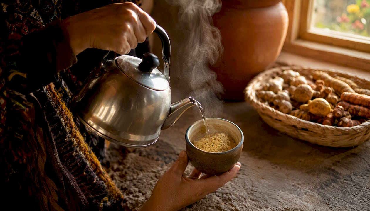 Des mains remuent doucement une tasse de thé à la maca, laissant s’échapper une vapeur délicate.