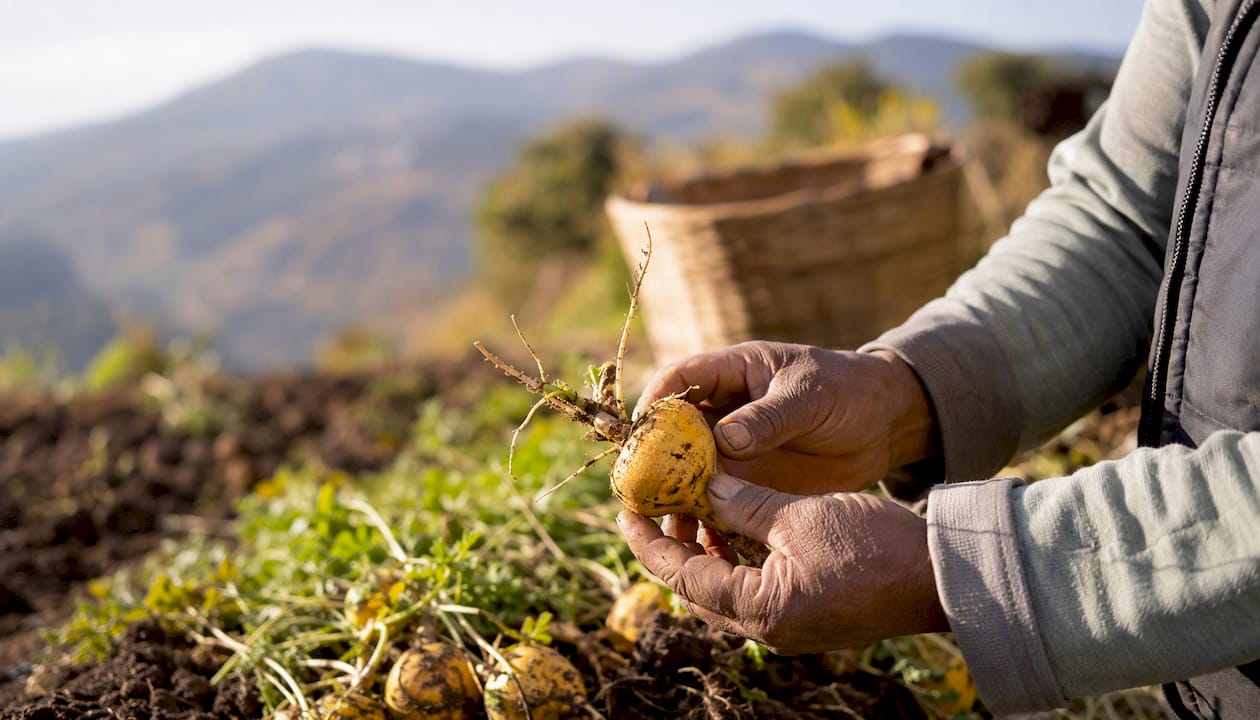 Des mains présentent une racine de maca jaune tout juste récoltée.