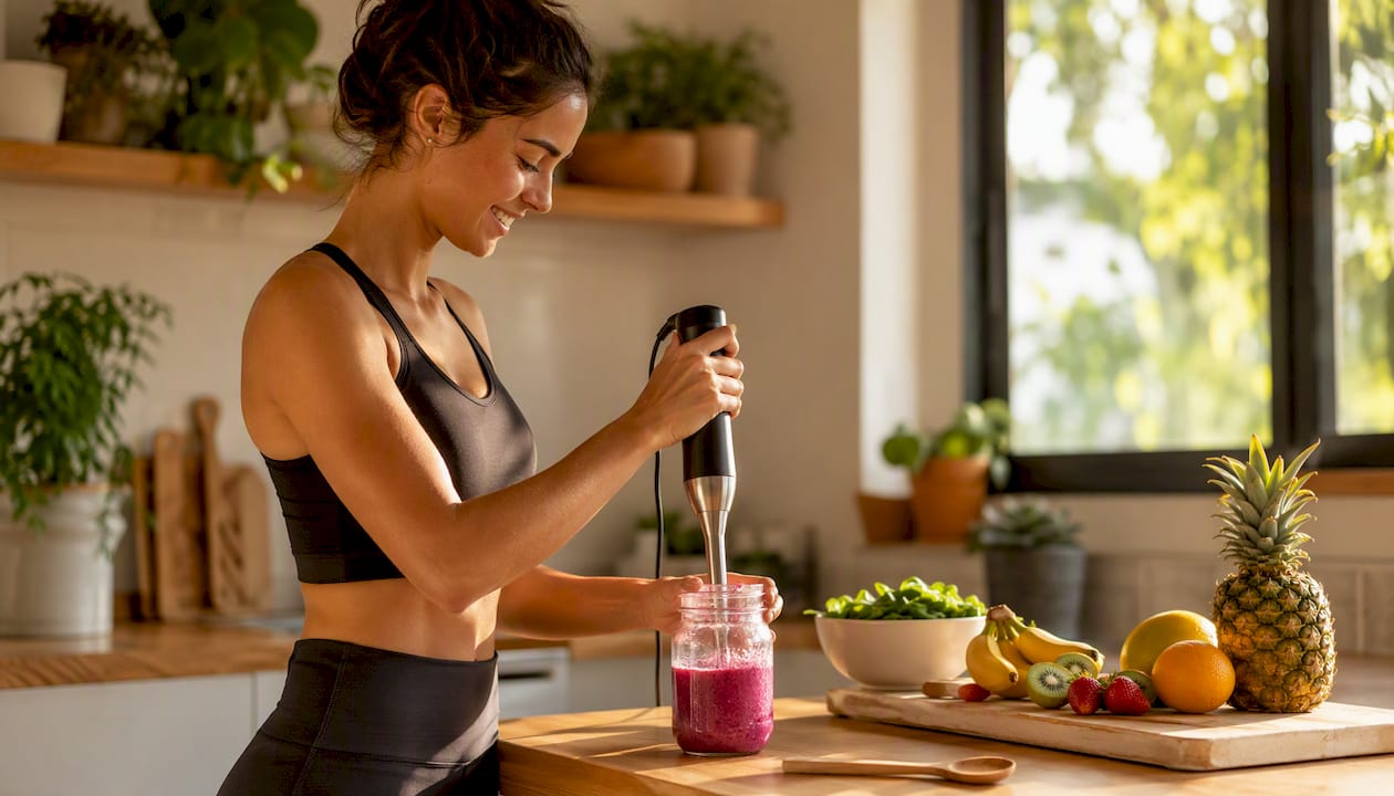 Un sportif en train de mélanger son smoothie à la maca