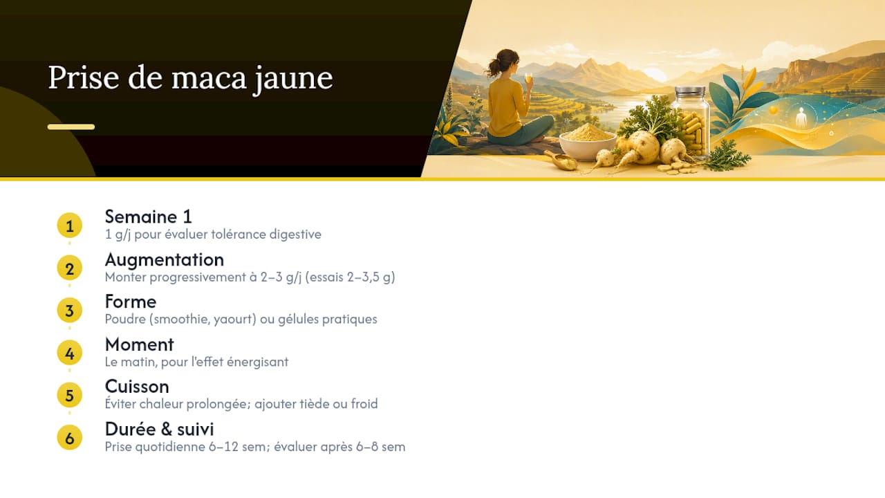 Comment prendre la maca jaune : doses, formes et conseils pratiques — overview diagram