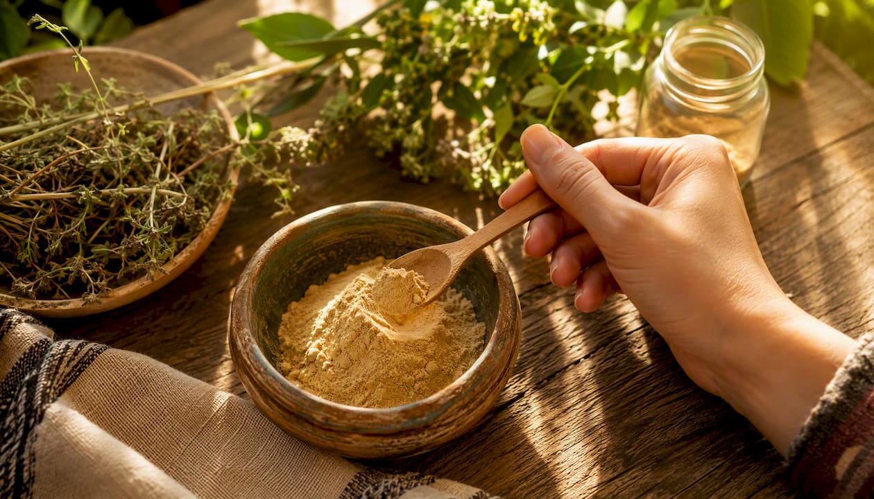 Une main prélève délicatement de la poudre de maca, baignée par la lumière du jour.