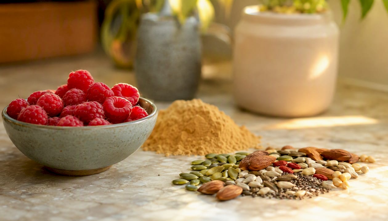 Ingrédients naturels pour la nutrition sportive disposés sur une table en bois