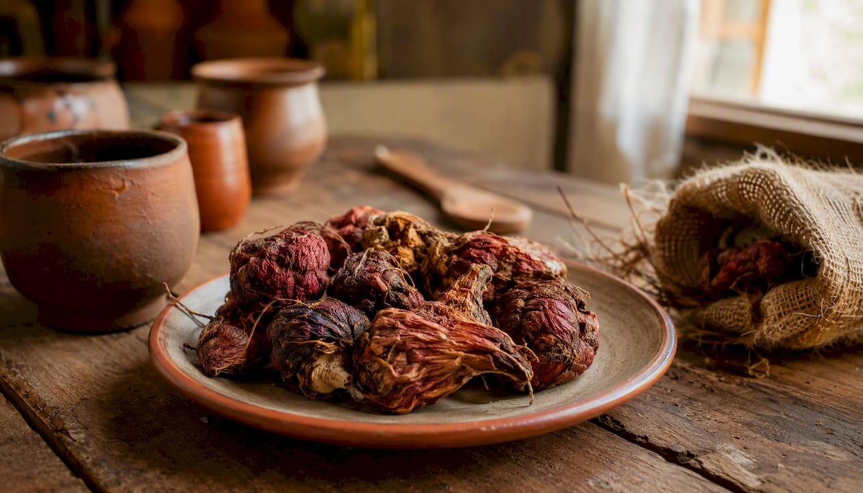 Des racines de maca rouge séchées présentées sur une assiette au style rustique