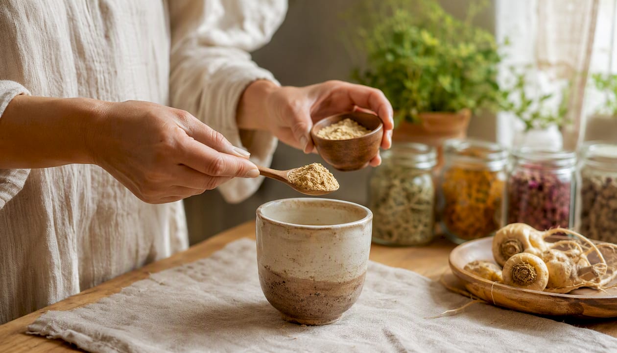 Des mains prélèvent de la poudre de maca pour en faire un complément alimentaire.