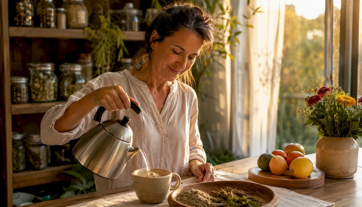 Une femme prépare une infusion à base de maca