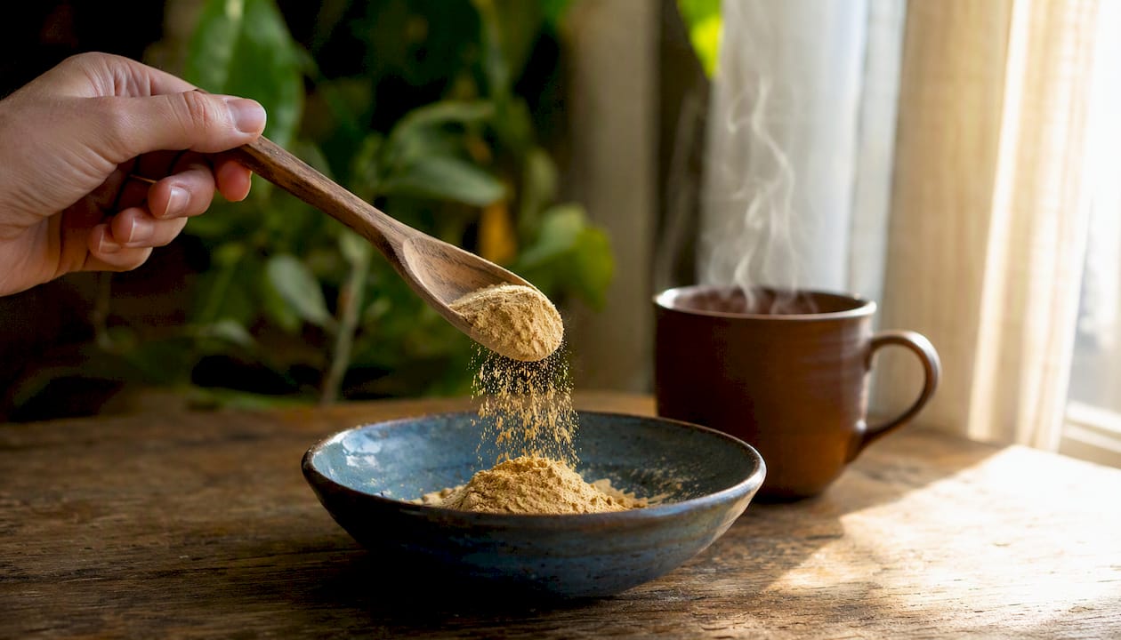 Zoom sur une cuillère laissant s’échapper de la poudre de maca.