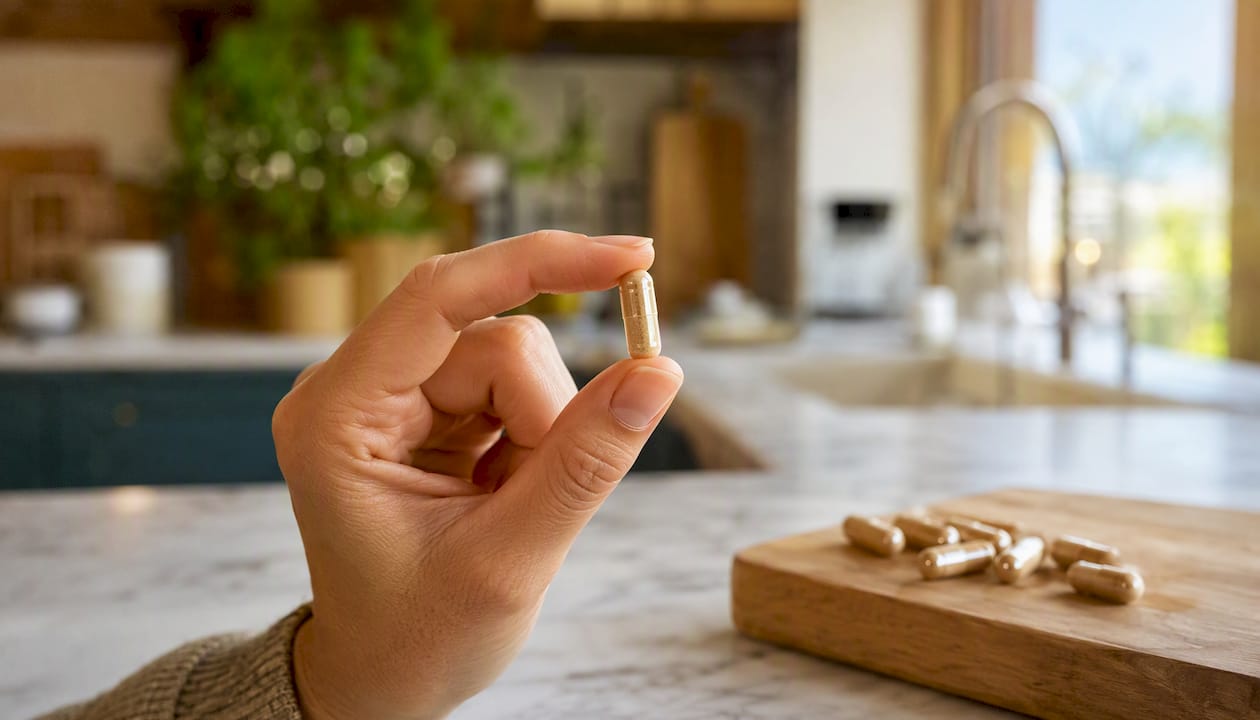 Gros plan sur une main tenant une gélule de maca gélatinisée
