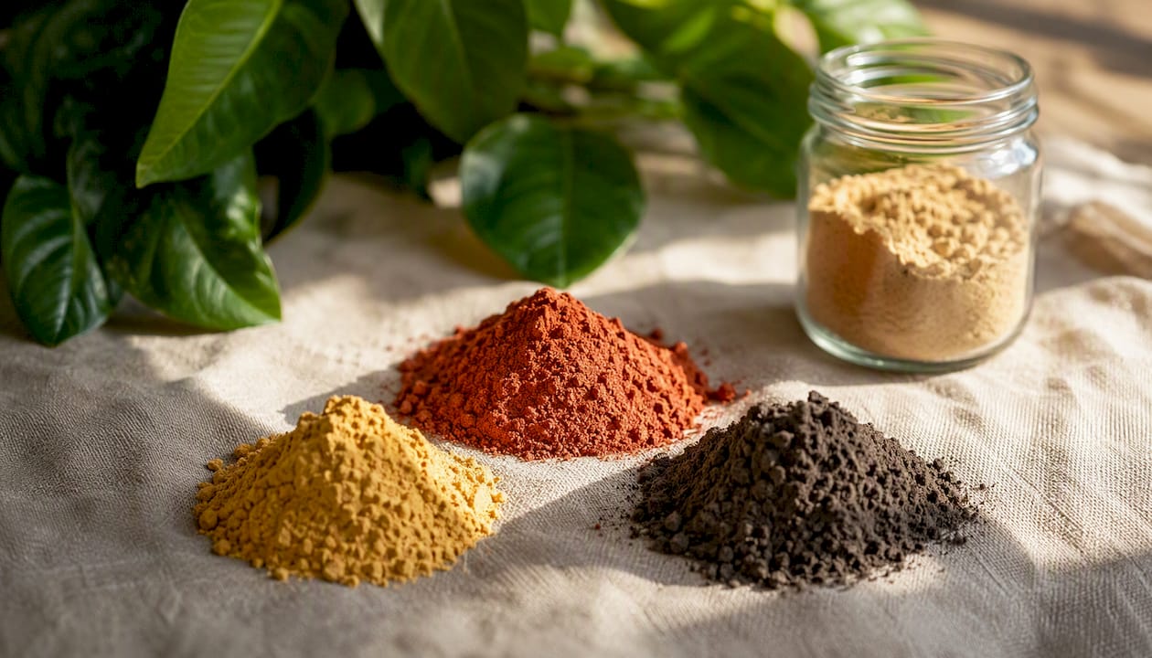 Trois poudres de maca aux couleurs éclatantes disposées sur une table en bois brut.