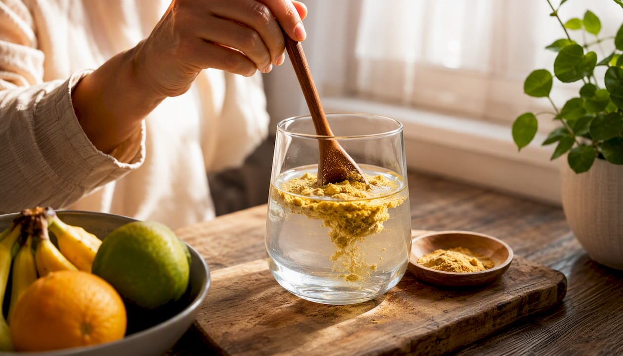 Une cuillère en bois prélève de la poudre de maca dans la lumière douce du petit matin, dans la cuisine.