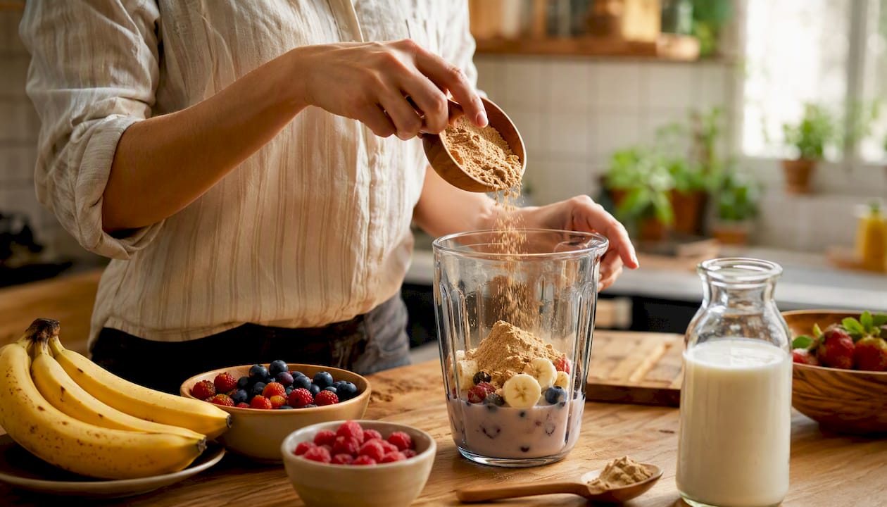 On verse de la poudre de maca dans un bocal de smoothie, prête à être mixée pour un coup de boost naturel.