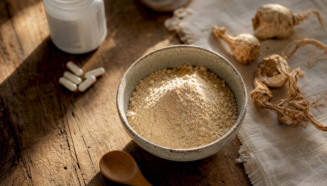 Poudre de racine de maca posée à côté d’un flacon de comprimés pour la thyroïde