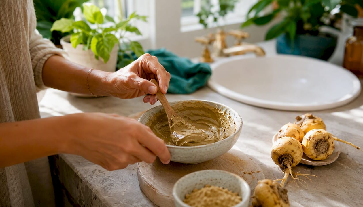 Des mains s’activent pour préparer un masque soin à la maca