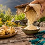 Une main verse délicatement de la poudre de maca sur une table en bois brut.