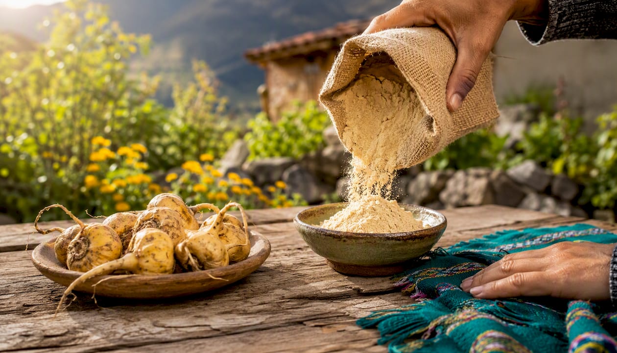 Une main verse délicatement de la poudre de maca sur une table en bois brut.