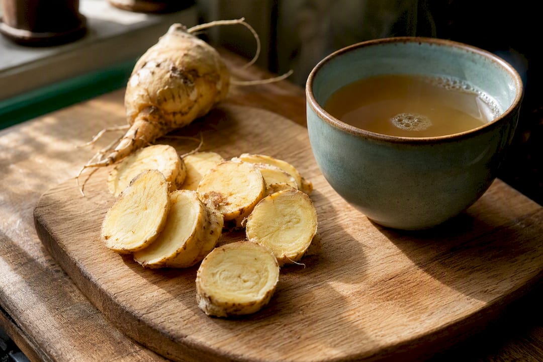 Tranches fraîches de racine de maca accompagnées d’une infusion aux plantes, servies sur une planche en bois