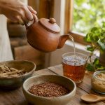 On verse une infusion de chicorée fumante dans une tasse en verre.