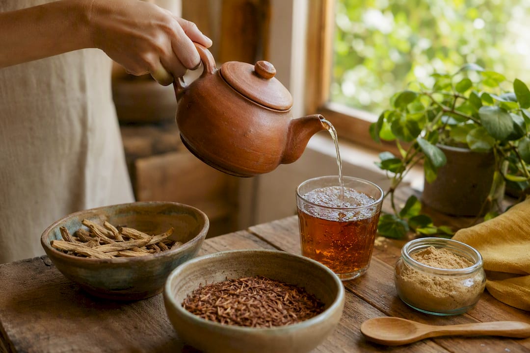 On verse une infusion de chicorée fumante dans une tasse en verre.
