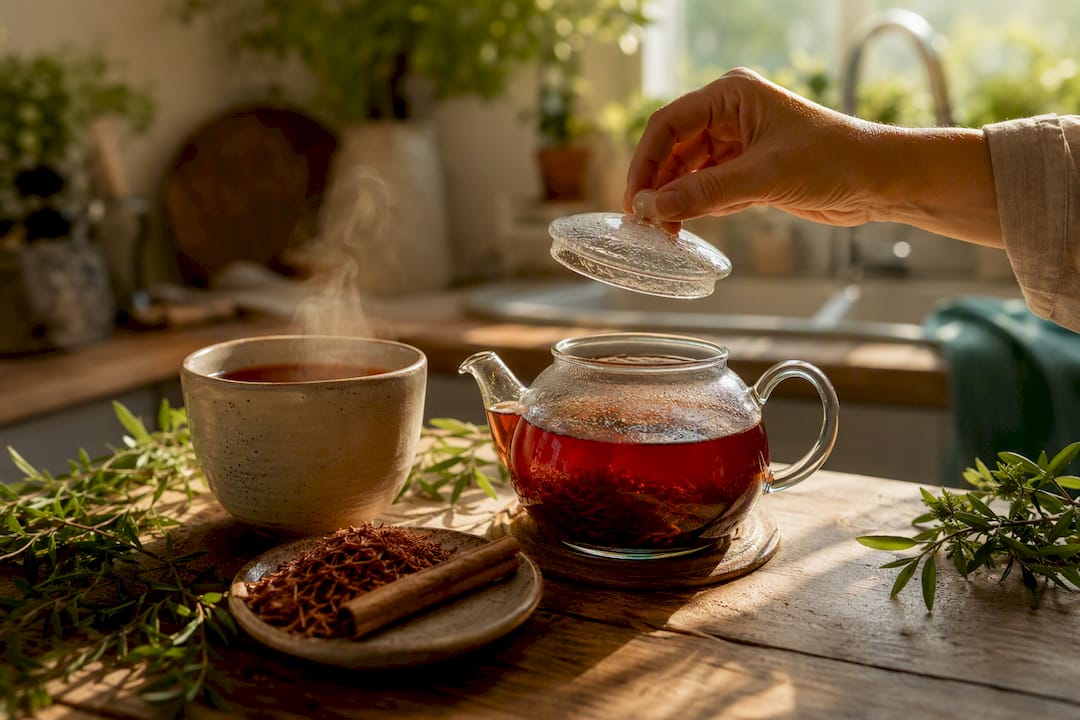Une théière en verre remplie d’un rooibos rouge