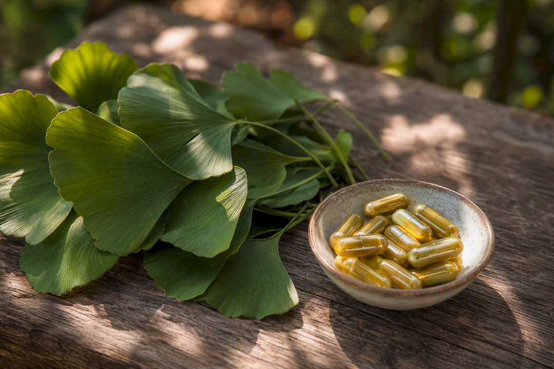 Feuilles de ginkgo biloba avec des capsules