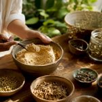 Mains préparant des poudres de compléments naturels pour la mémoire