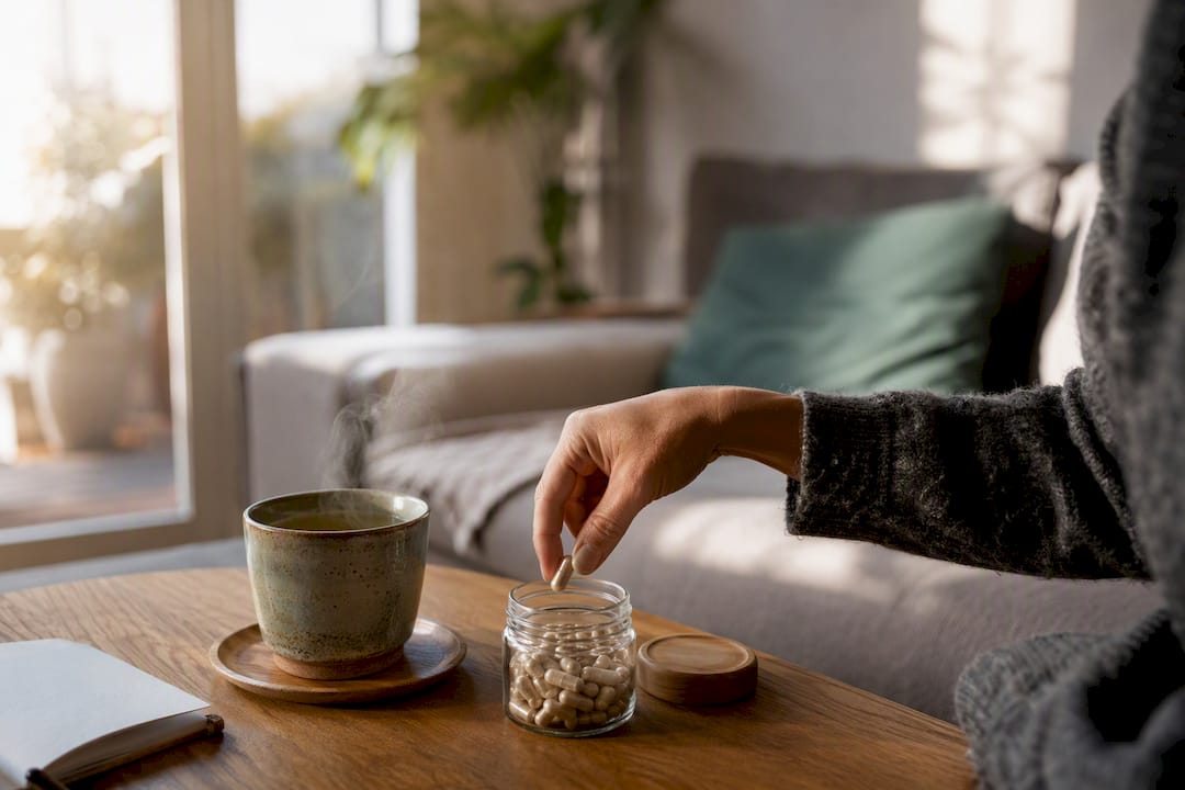 Tasse de thé vert accompagnée de capsules de L-théanine