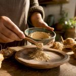 Main prélevant de la poudre de maca dans un bol en argile