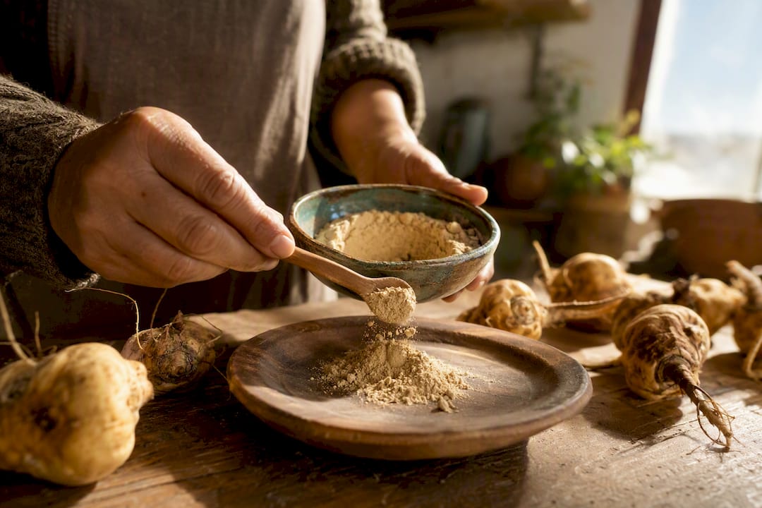Main prélevant de la poudre de maca dans un bol en argile