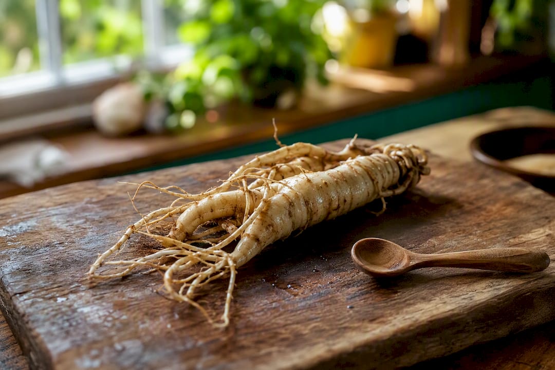 Racine de ginseng fraîche sur une planche en bois