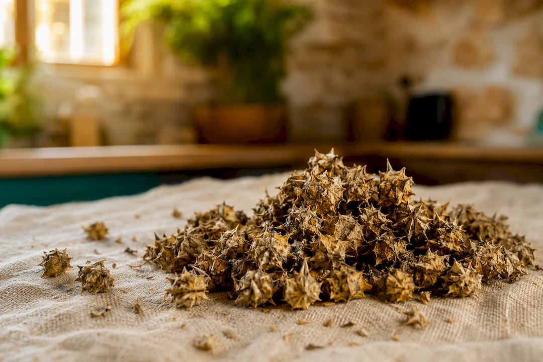 Gros plan sur des baies de tribulus séchées posées sur une pierre