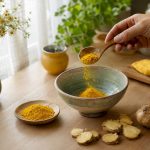 Mains prenant de la poudre de maca dans une cuisine rustique