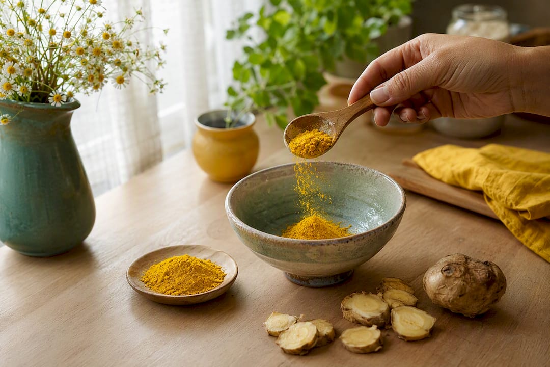 Mains prenant de la poudre de maca dans une cuisine rustique