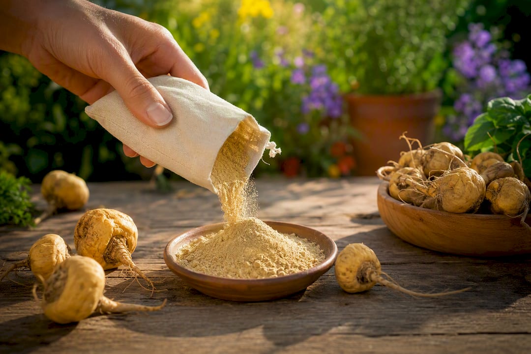 Lentilles, épinards et poudre de maca posés sur une table en bois