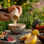 Une main verse de la poudre de maca dans un bol de légumes verts