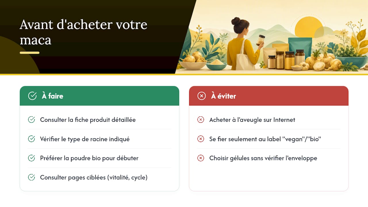 Pourquoi consulter les fiches produits avant d'acheter votre maca — overview diagram